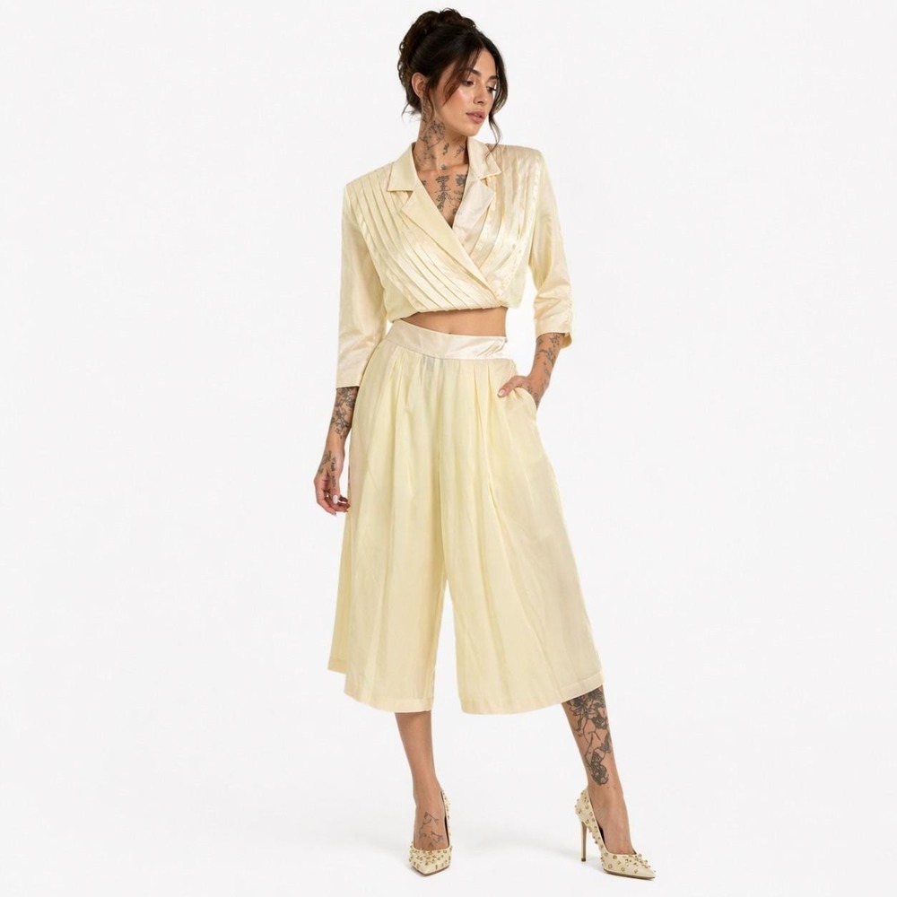 90s Vintage Blouse Pants Suit Set Womens 10 Cream Pleated Satin Wrap Wide Leg